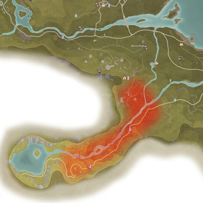 Part of the map of Breezy Meadow in Infinity Nikki, with certain locations that tend to spawn Spear Sack enemies highlighted in red.