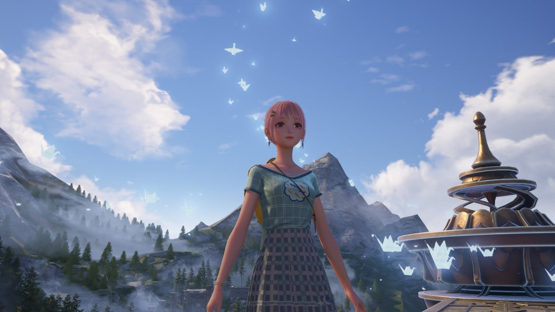 infinity nikki standing by cranes on top of dream warehouse