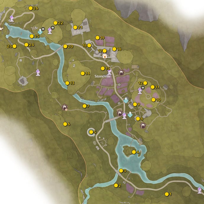A high-resolution map of the region of Stoneville in Infinity Nikki, with the locations of all the Whimstars in that region marked and numbered in yellow.