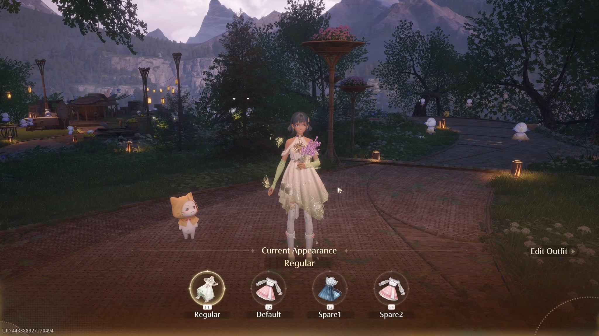 Nikki in Infinity Nikki stands in a clearing. A menu at the bottom of the screen allows the player to switch between four saved outfits for Nikki. - 6