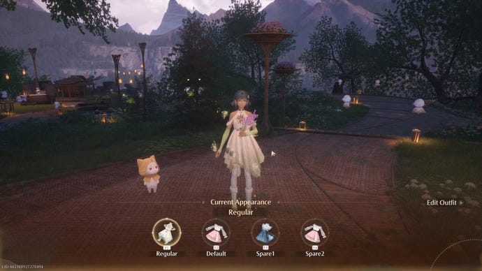 Nikki in Infinity Nikki stands in a clearing. A menu at the bottom of the screen allows the player to switch between four saved outfits for Nikki.