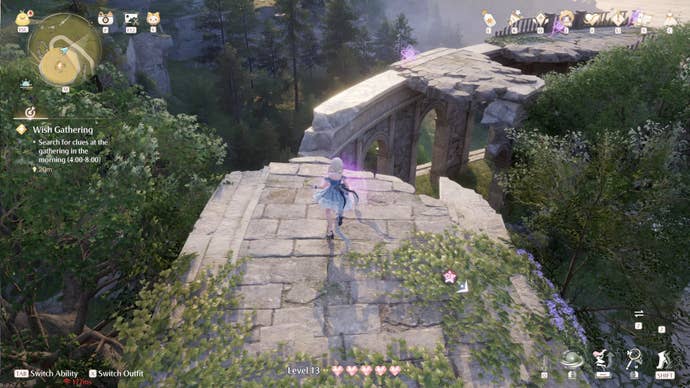 Nikki in Infinity Nikki races across a series of stone ruins collecting stars as part of a Whimstar time trial challenge.