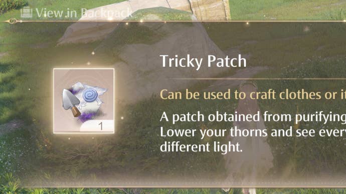 A close-up of a pop-up in Infinity Nikki about the Tricky Patch crafting material.
