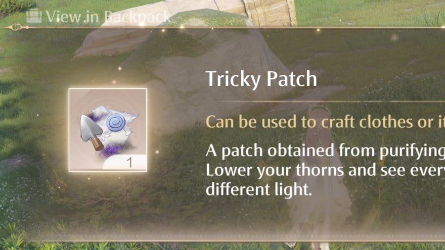 A close-up of a pop-up in Infinity Nikki about the Tricky Patch crafting material.