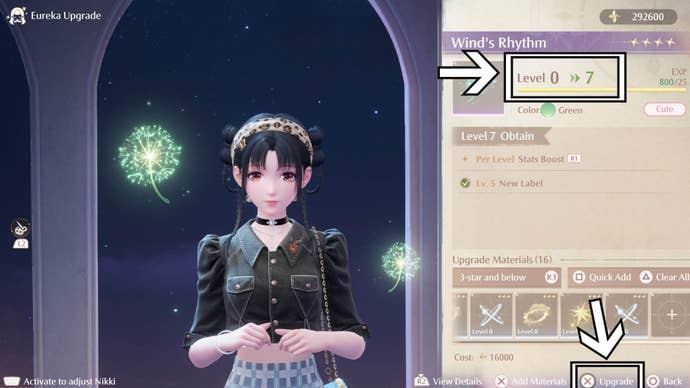 infinity nikki upgrade eureka level increase upgrade confirm options