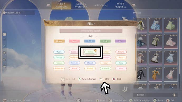 infinity nikki wardrobe home tag filter menu