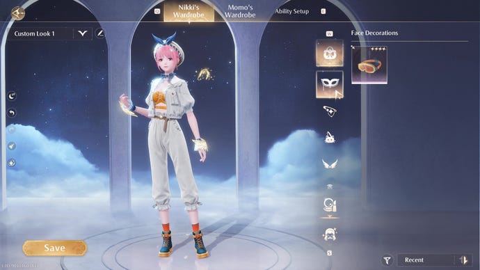 Looking at some goggles in Nikki’s wardrobe as she stands to the left, showing off her outfit.