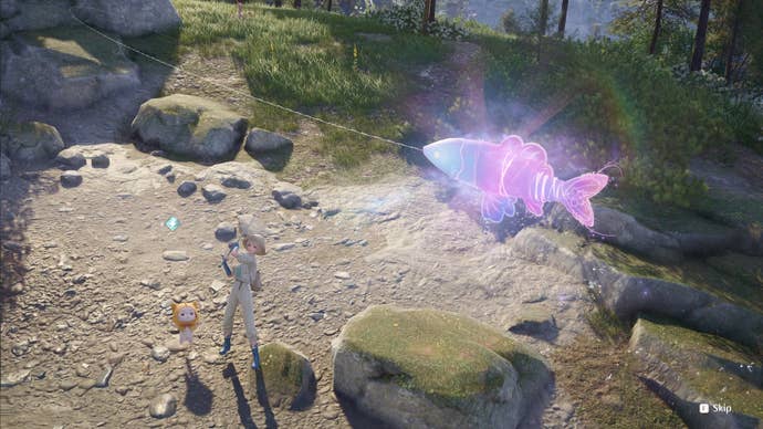 A close-up of a colourful Whimfish as it is caught by Nikki during a fishing minigame in Infinity Nikki.