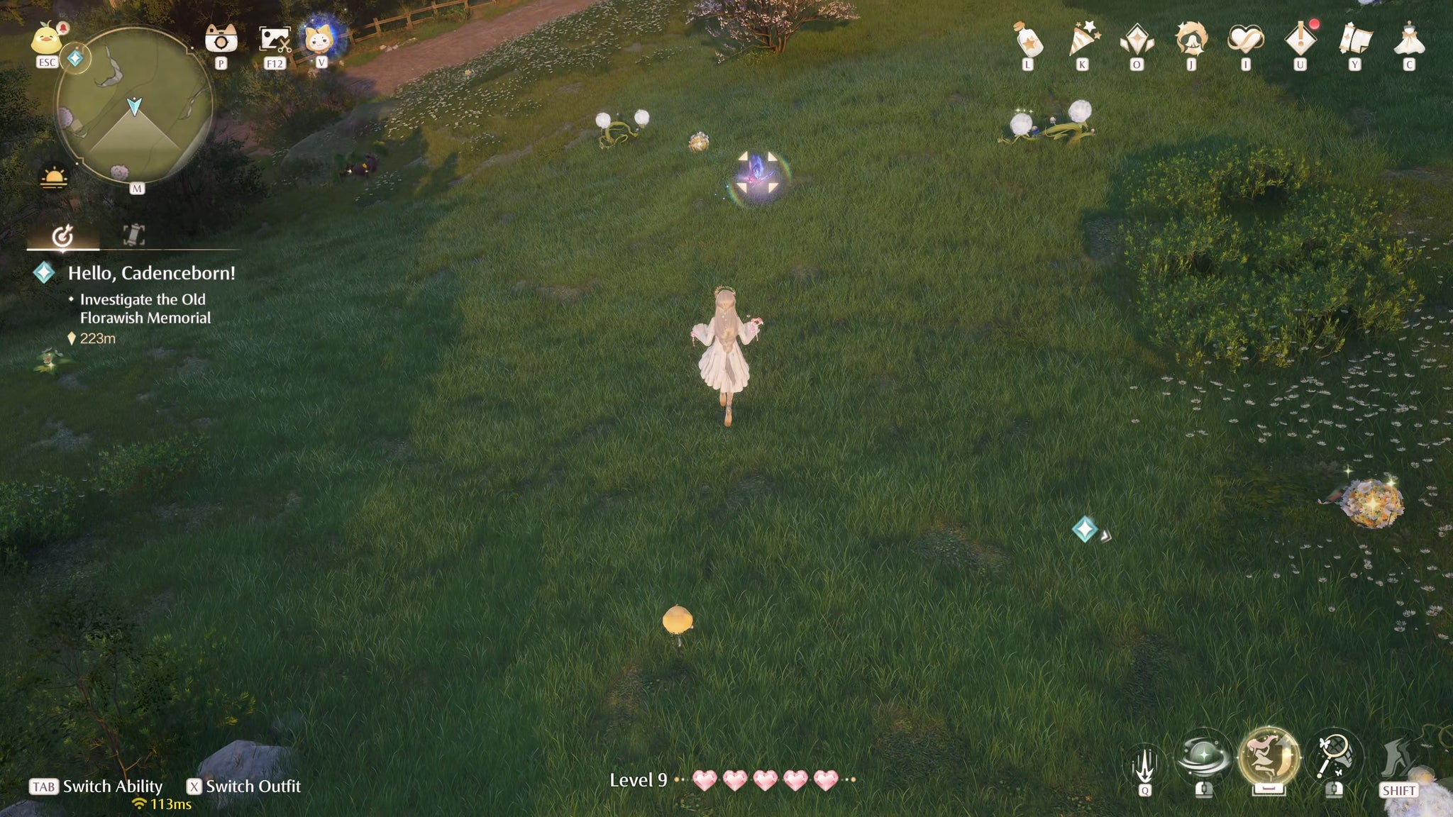 Nikki in Infinity Nikki in the process of collecting a Whimstar in the region of Breezy Meadow. - 4