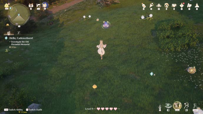 Nikki in Infinity Nikki in the process of collecting a Whimstar in the region of Breezy Meadow.