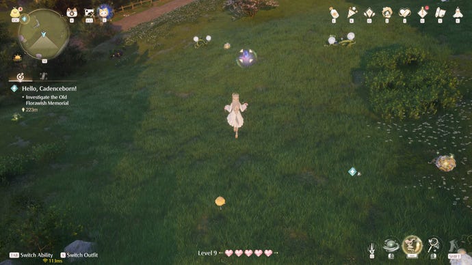 Nikki in Infinity Nikki in the process of collecting a Whimstar in the region of Breezy Meadow.