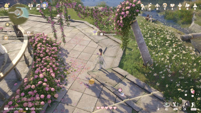 Nikki in Infinity Nikki in the process of collecting a Whimstar in the region of Breezy Meadow.