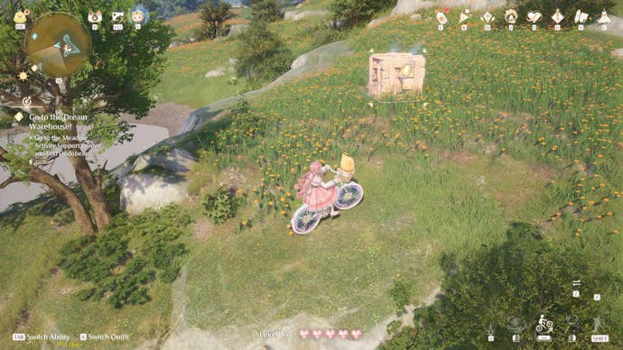 Nikki in Infinity Nikki in the process of collecting a Whimstar in the region of Breezy Meadow.