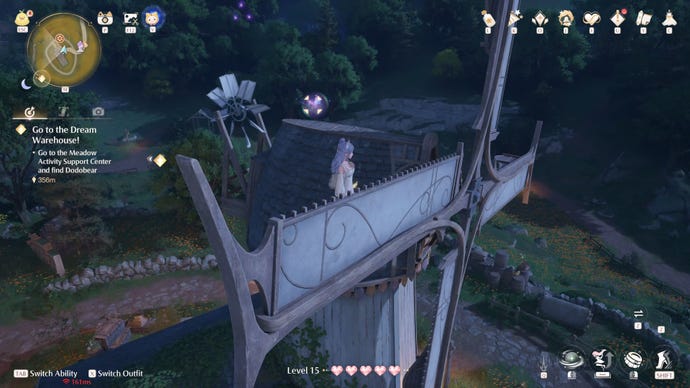 Nikki in Infinity Nikki in the process of collecting a Whimstar in the region of Breezy Meadow.