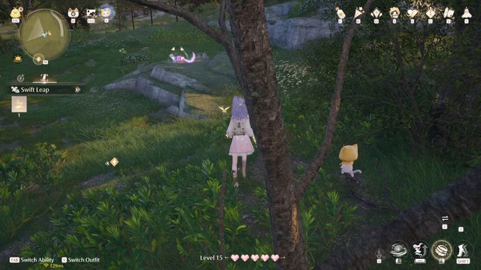 Nikki in Infinity Nikki in the process of collecting a Whimstar in the region of Breezy Meadow.