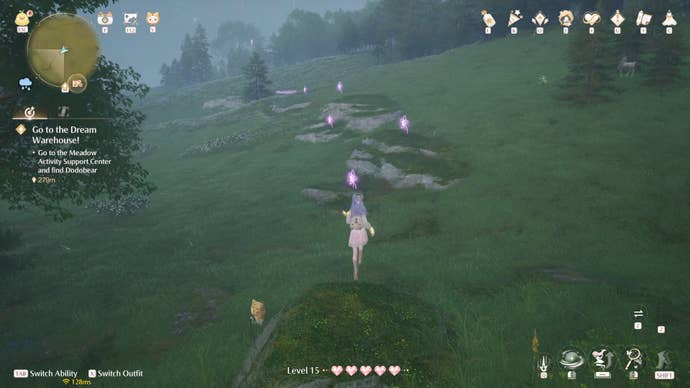 Nikki in Infinity Nikki in the process of collecting a Whimstar in the region of Breezy Meadow.