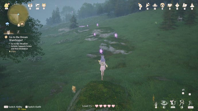 Nikki in Infinity Nikki in the process of collecting a Whimstar in the region of Breezy Meadow.