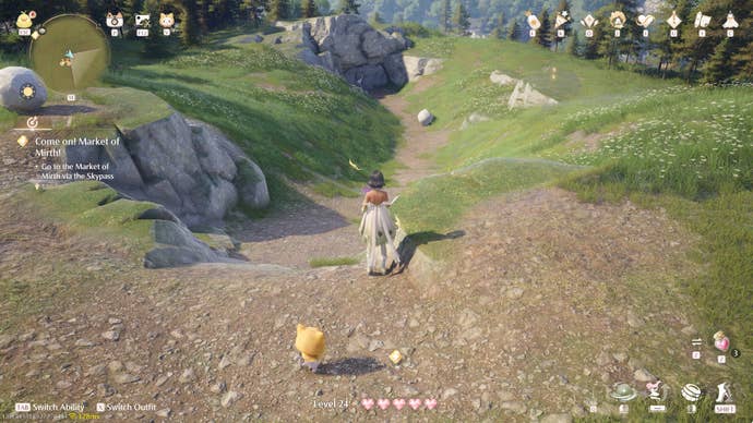 Nikki in Infinity Nikki in the process of collecting a Whimstar in the region of Breezy Meadow.