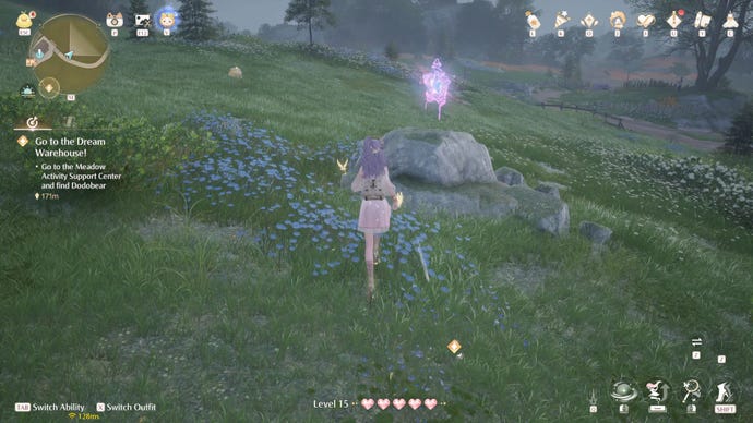 Nikki in Infinity Nikki in the process of collecting a Whimstar in the region of Breezy Meadow.