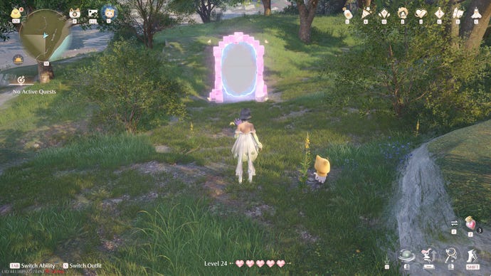 Nikki in Infinity Nikki in the process of collecting a Whimstar in the region of Breezy Meadow.