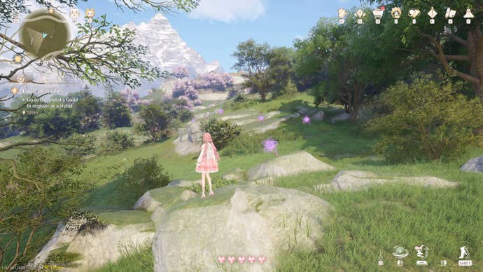 Nikki in Infinity Nikki in the process of collecting a Whimstar in the region of Breezy Meadow.