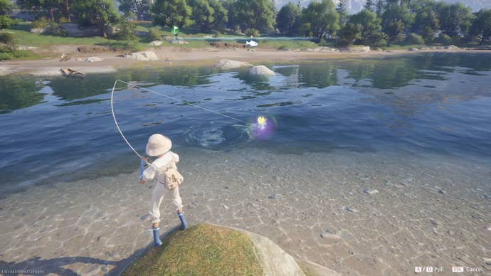 Nikki in Infinity Nikki in the process of collecting a Whimstar in the region of Breezy Meadow.