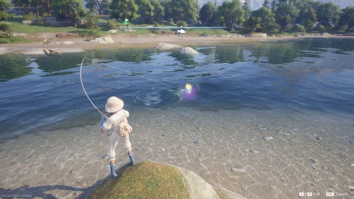 Nikki in Infinity Nikki in the process of collecting a Whimstar in the region of Breezy Meadow.