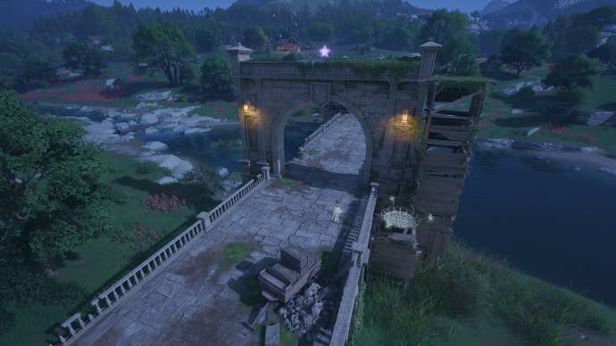 Nikki in Infinity Nikki in the process of collecting a Whimstar in the region of Breezy Meadow.