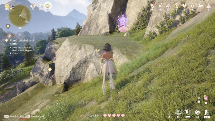 Nikki in Infinity Nikki in the process of collecting a Whimstar in the region of Breezy Meadow.