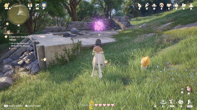 Nikki in Infinity Nikki in the process of collecting a Whimstar in the region of Breezy Meadow.