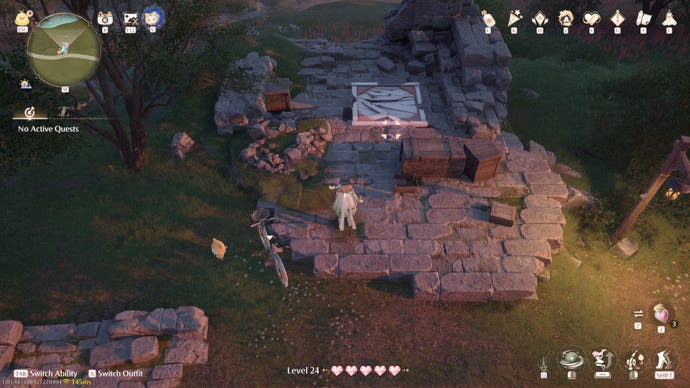 Nikki in Infinity Nikki in the process of collecting a Whimstar in the region of Breezy Meadow.