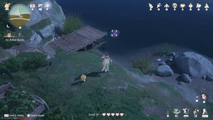 Nikki in Infinity Nikki in the process of collecting a Whimstar in the region of Breezy Meadow.