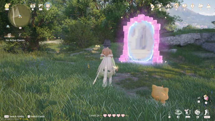 Nikki in Infinity Nikki in the process of collecting a Whimstar in the region of Breezy Meadow.