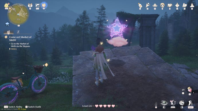 Nikki in Infinity Nikki in the process of collecting a Whimstar in the region of Breezy Meadow.