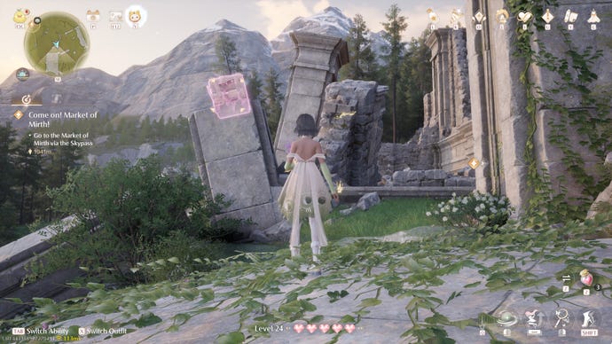 Nikki in Infinity Nikki in the process of collecting a Whimstar in the region of Breezy Meadow.