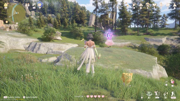 Nikki in Infinity Nikki in the process of collecting a Whimstar in the region of Breezy Meadow.