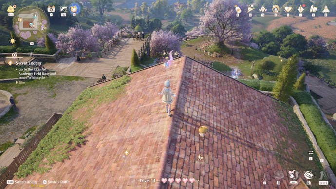 Nikki in Infinity Nikki in the process of collecting a Whimstar in the region of Breezy Meadow.