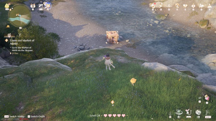 Nikki in Infinity Nikki in the process of collecting a Whimstar in the region of Breezy Meadow.