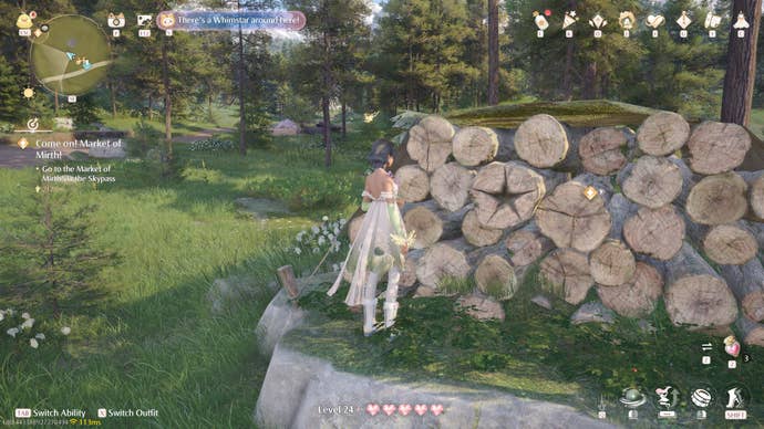 Nikki in Infinity Nikki in the process of collecting a Whimstar in the region of Breezy Meadow.