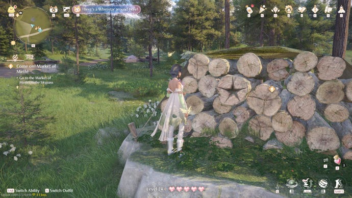 Nikki in Infinity Nikki in the process of collecting a Whimstar in the region of Breezy Meadow.