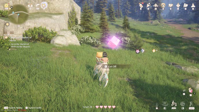 Nikki in Infinity Nikki in the process of collecting a Whimstar in the region of Breezy Meadow.