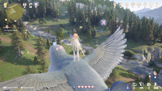 Nikki in Infinity Nikki in the process of collecting a Whimstar in the region of Breezy Meadow.