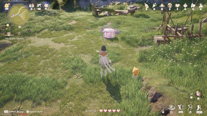 Nikki in Infinity Nikki in the process of collecting a Whimstar in the region of Breezy Meadow.