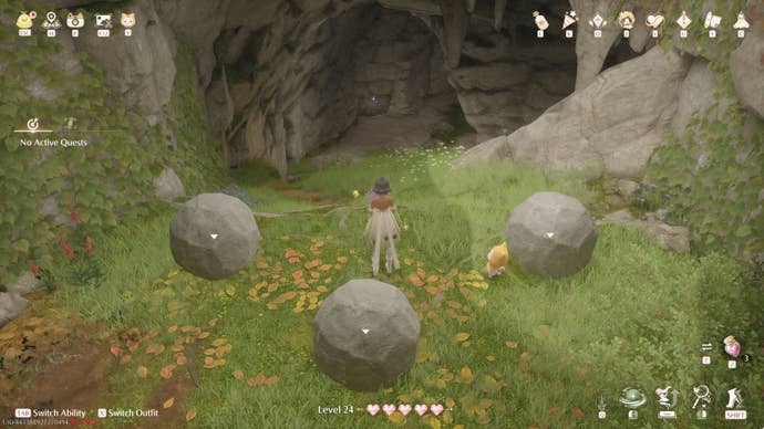 Nikki in Infinity Nikki in the process of collecting a Whimstar in the region of Breezy Meadow.