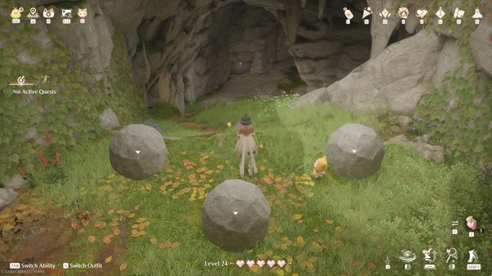 Nikki in Infinity Nikki in the process of collecting a Whimstar in the region of Breezy Meadow.