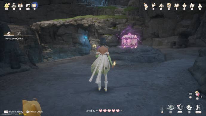 Nikki in Infinity Nikki in the process of collecting a Whimstar in the region of Breezy Meadow.