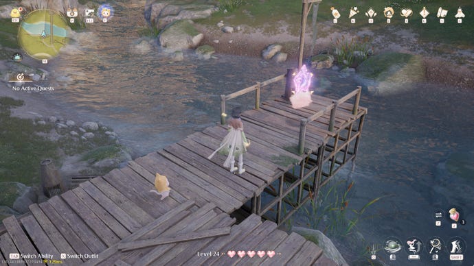 Nikki in Infinity Nikki in the process of collecting a Whimstar in the region of Breezy Meadow.