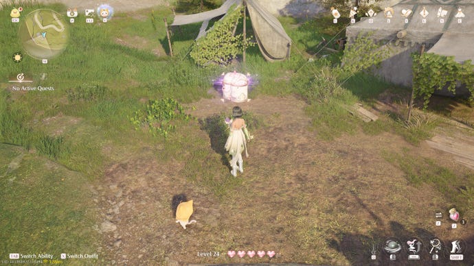 Nikki in Infinity Nikki in the process of collecting a Whimstar in the region of Breezy Meadow.