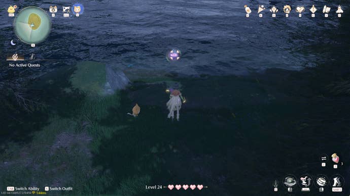 Nikki in Infinity Nikki in the process of collecting a Whimstar in the region of Breezy Meadow.