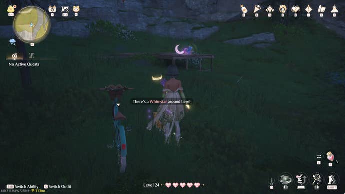 Nikki in Infinity Nikki in the process of collecting a Whimstar in the region of Breezy Meadow.